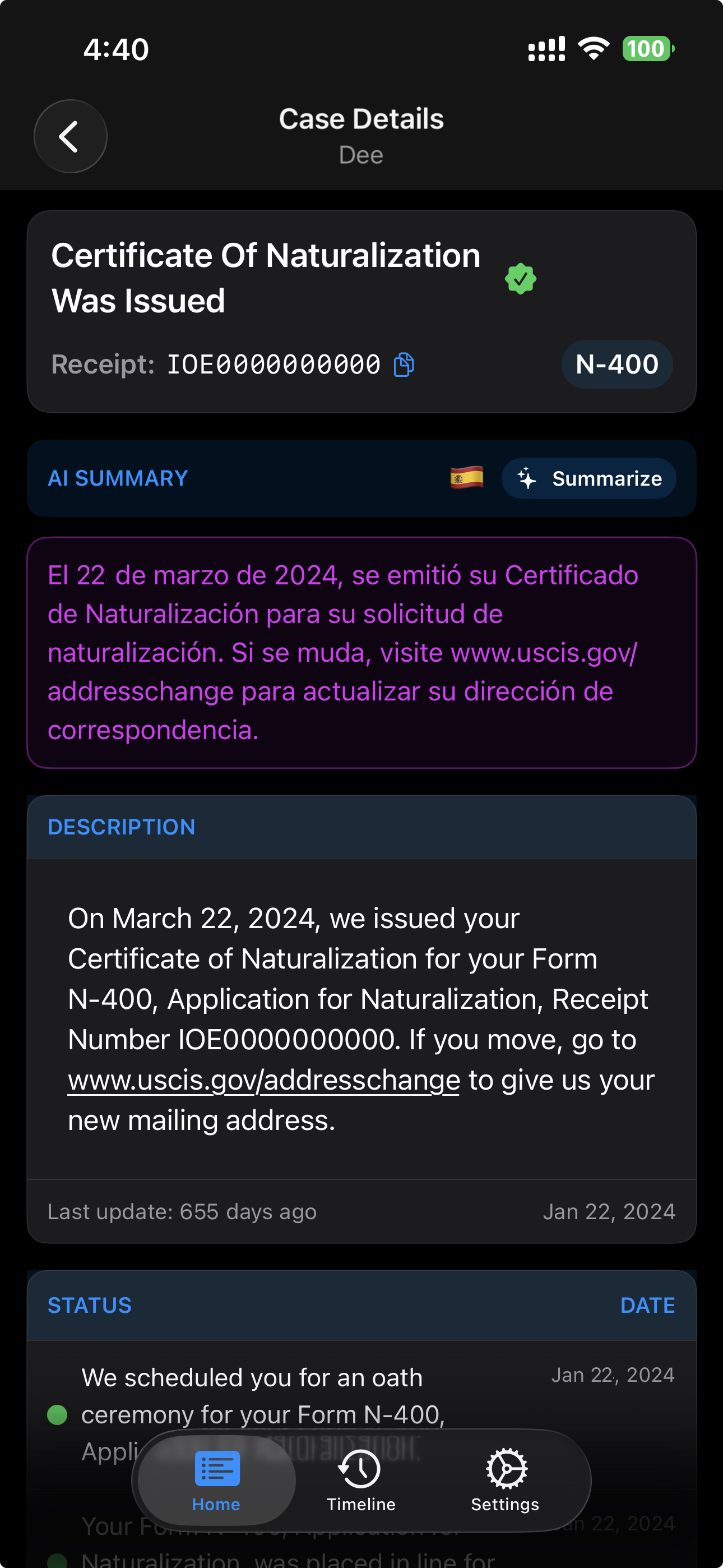 Case timeline screenshot